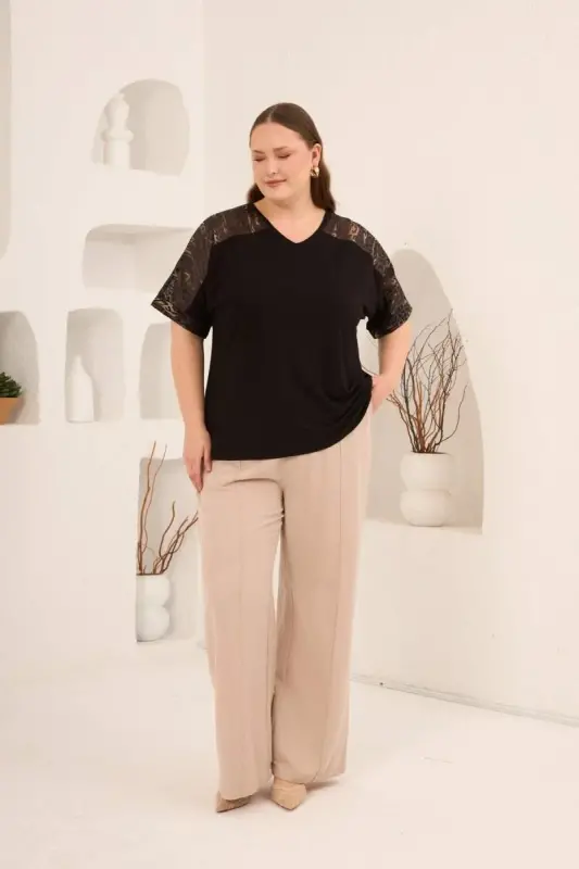 Leopar File Garnili Kadın Büyük Beden Tişört Siyah - 5