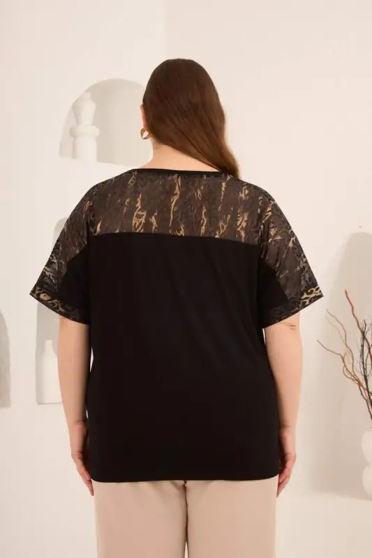 Leopar File Garnili Kadın Büyük Beden Tişört Siyah - 6