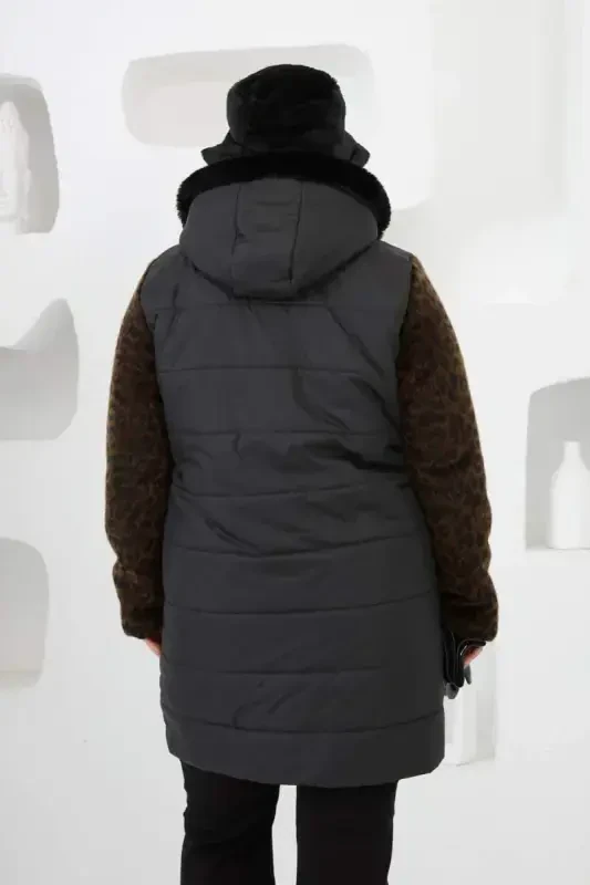 Leopar Garnili Büyük Beden Kapitone Kaban Siyah - 5