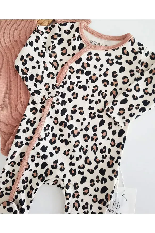 Leopar Kapalak Qiz Chaqaloq %100 Paxta Mavsumiy 2 Tulum Shapka/Bandana 4’li Kombin Takim Yangi Tug’ilgan Set - 4