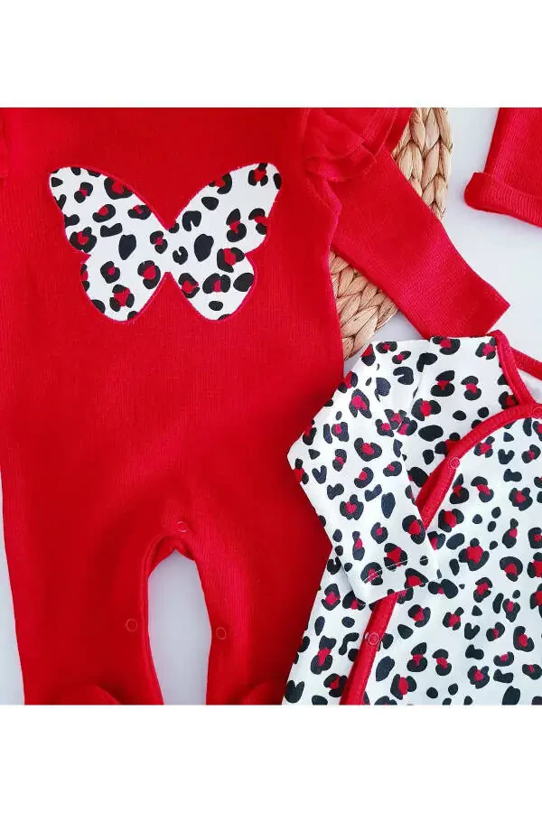 Leopar Kapalak Qizaloq 100% Paxta Mavsumiy 2 Tulum Shapka/Bandana 4'li Kombin To'plam Yangi Tug'ilgan Set - 2