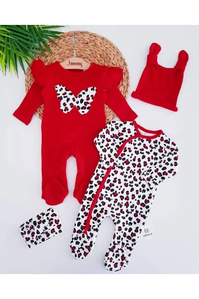Leopar Kelebek Kız Bebek %100 Pamuk Mevsimlik 2 Tulum Şapka/Bandana 4’lü Kombin TakımYenidoğanSet-Kırmızı - 1