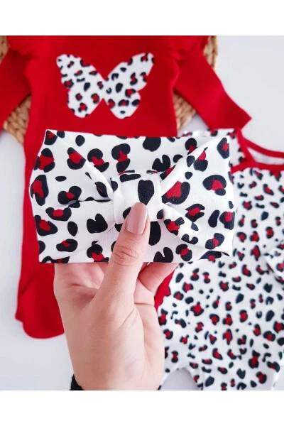 Leopar Kelebek Kız Bebek %100 Pamuk Mevsimlik 2 Tulum Şapka/Bandana 4’lü Kombin TakımYenidoğanSet-Kırmızı - 4