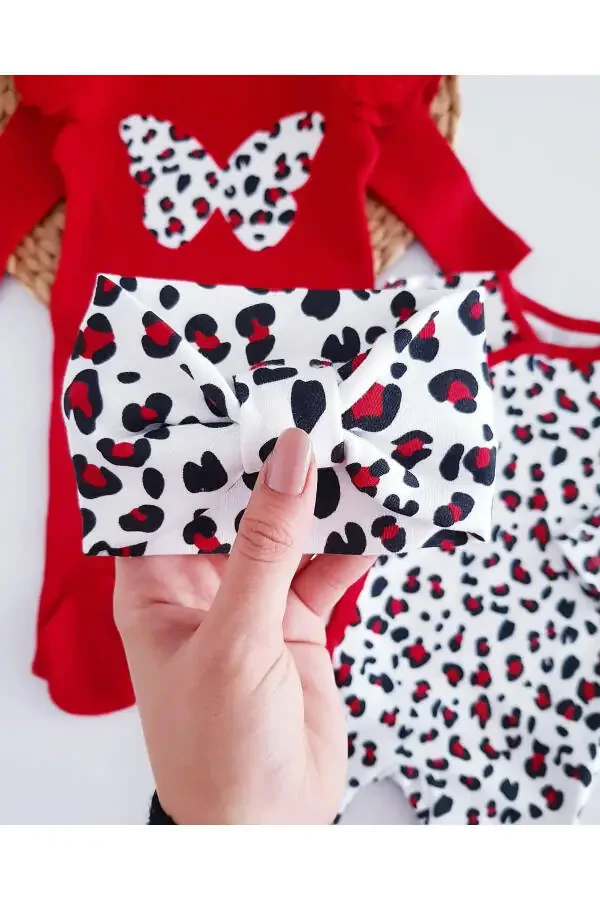 Leopar Kelebek Kız Bebek %100 Pamuk Mevsimlik 2 Tulum Şapka/Bandana 4’lü Kombin TakımYenidoğanSet-Kırmızı - 4