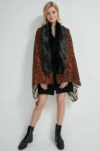 Leopar Zebra Desenli Jigarrang Poncho NW13130-3 - 1