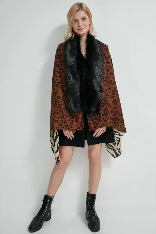 Leopar Zebra Desenli Jigarrang Poncho NW13130-3 - 1