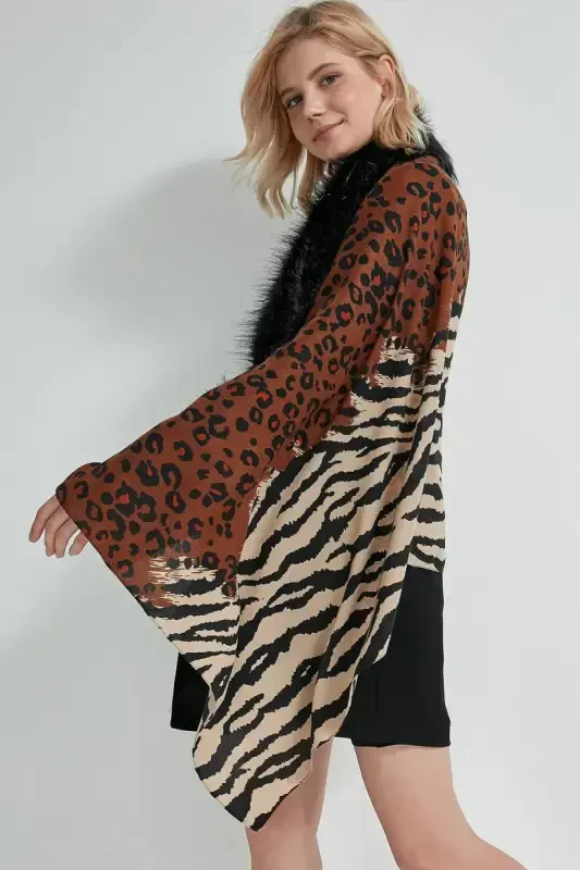 Leopar Zebra Desenli Jigarrang Poncho NW13130-3 - 2