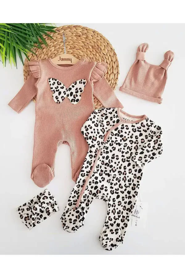 Leopard Butterfly Baby Girl 100% Cotton Seasonal 2 Jumpsuits Hat/Bandana 4-Piece Combination Set Newborn Set - 1