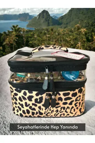 Leopard Cosmetic Makeup Bag Organizer Travel Type 2 Compartment Large Transparent Makeup Organizer-Leopard - 3