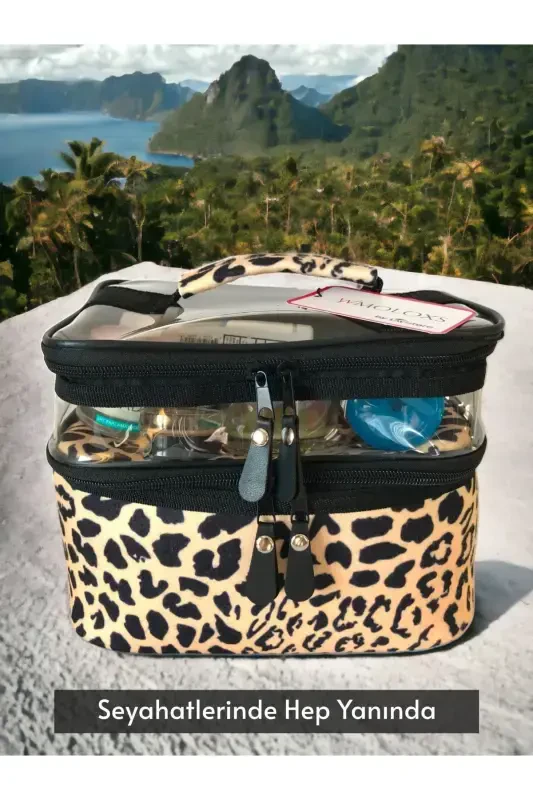 Leopard Cosmetic Makeup Bag Organizer Travel Type 2 Compartment Large Transparent Makeup Organizer-Leopard - 3