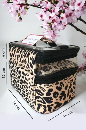 Leopard Cosmetic Makeup Bag Organizer Travel Type 2 Compartment Large Transparent Makeup Organizer-Leopard - 4