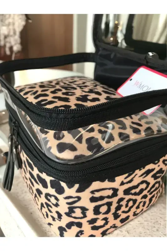 Leopard Cosmetic Makeup Bag Organizer Travel Type 2 Compartment Large Transparent Makeup Organizer-Leopard - 7