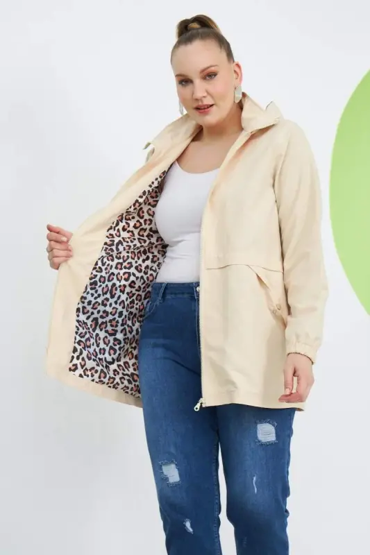 Leopard Lined Plus Size Cream Trench Coat - 2