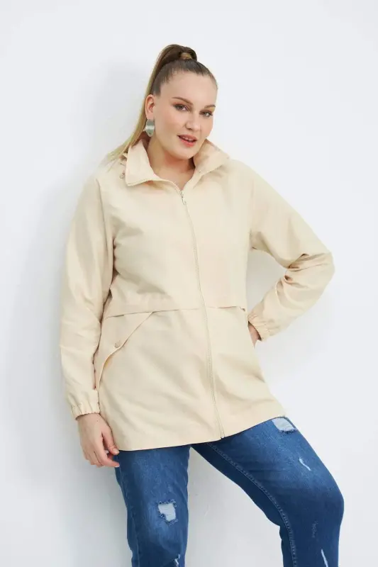 Leopard Lined Plus Size Cream Trench Coat - BÜYÜKBEDENIZ