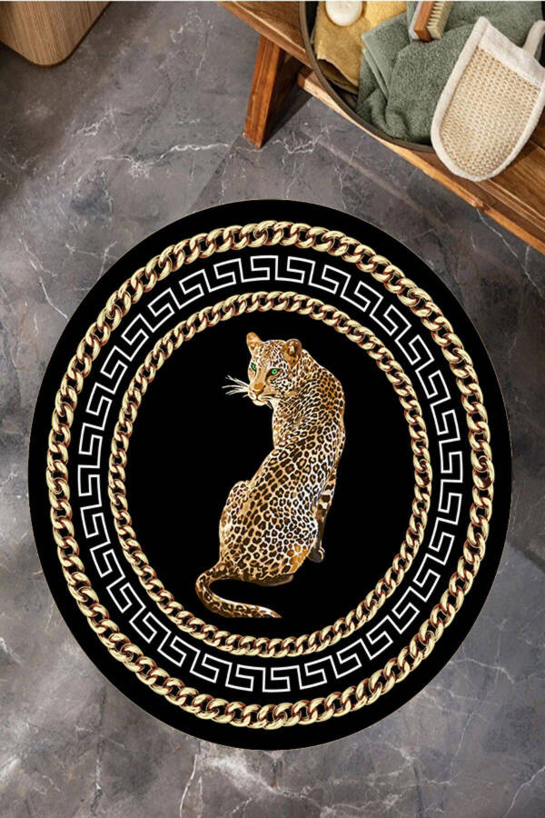 Leopard Naqshli Dumaloq Gilam, Mashina Yuvish Mumkin Nuqta Taglikli Mehmonxona Gilami Oshxona Gilami - 3