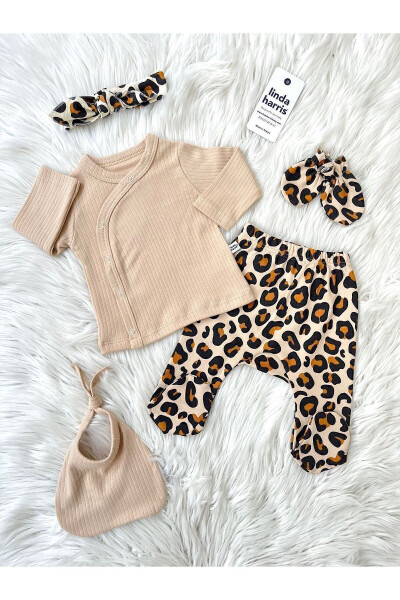 Leopard Pattern Beige 5-Piece Newborn Baby Hospital Discharge Set - 2