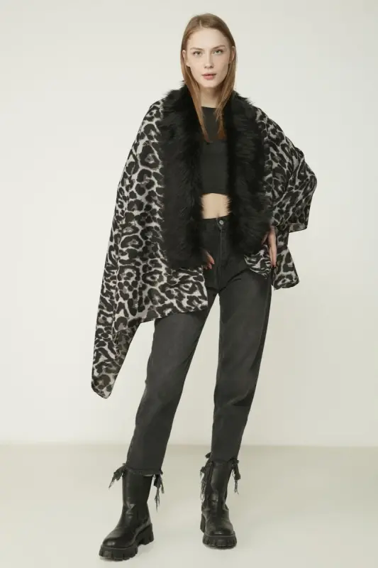 Leopard Patterned Gray Poncho NW10862-3 - 4
