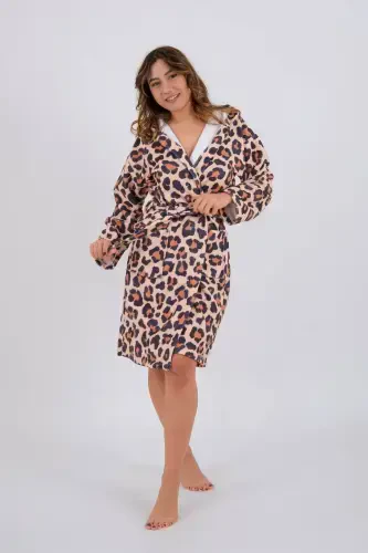 Leopard Patterned Young Girl Hooded Printed Bathrobe-Brown - 1