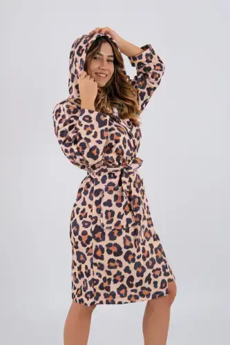 Leopard Patterned Young Girl Hooded Printed Bathrobe-Brown - 2