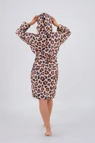 Leopard Patterned Young Girl Hooded Printed Bathrobe-Brown - 3