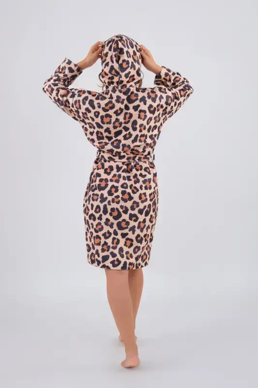Leopard Patterned Young Girl Hooded Printed Bathrobe-Brown - 3