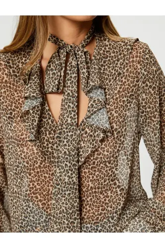 Leopard Print Blouse Scarf Neck Ruffled Slit Detail - 5