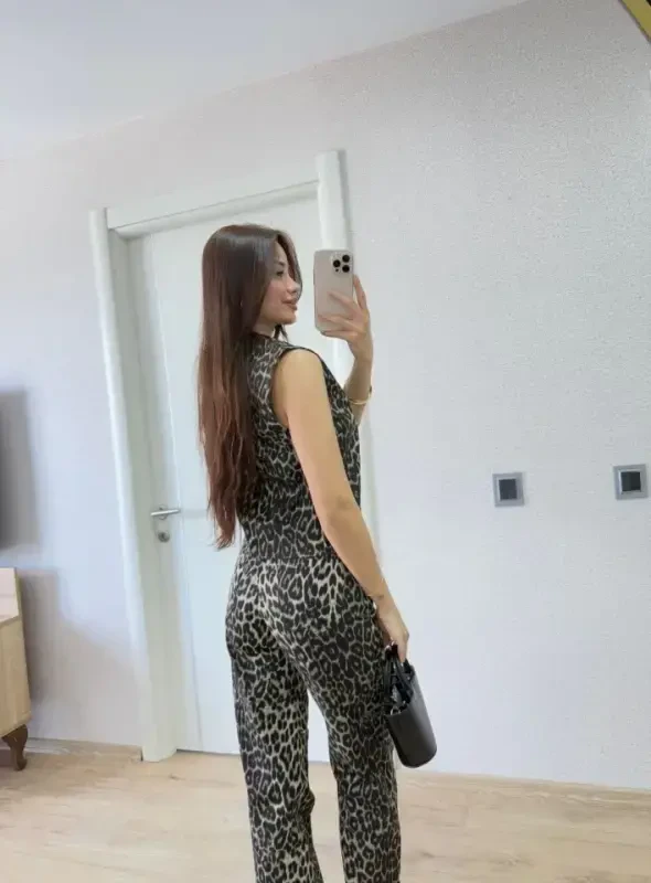 Leopard Print Buttoned Blouse and Pants Set - Leopard - 3