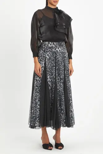 Leopard Print Chiffon Layered Long Ruffle Grey Skirt 40472 - 1