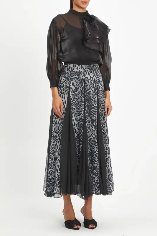Leopard Print Chiffon Layered Long Ruffle Grey Skirt 40472 - SERPİL