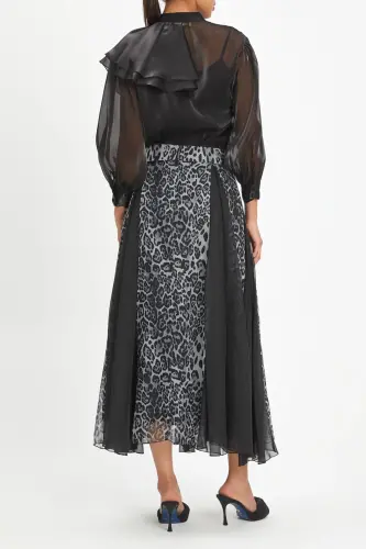 Leopard Print Chiffon Layered Long Ruffle Grey Skirt 40472 - 4