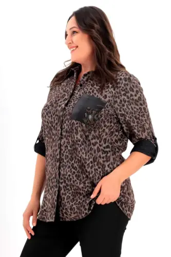 Leopard Print Rhinestone Embellished Plus Size Shirt - 3