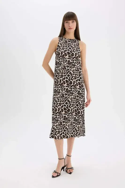 Leopard Print Round Neck Satin Sleeveless Midi Dress-Black - 1
