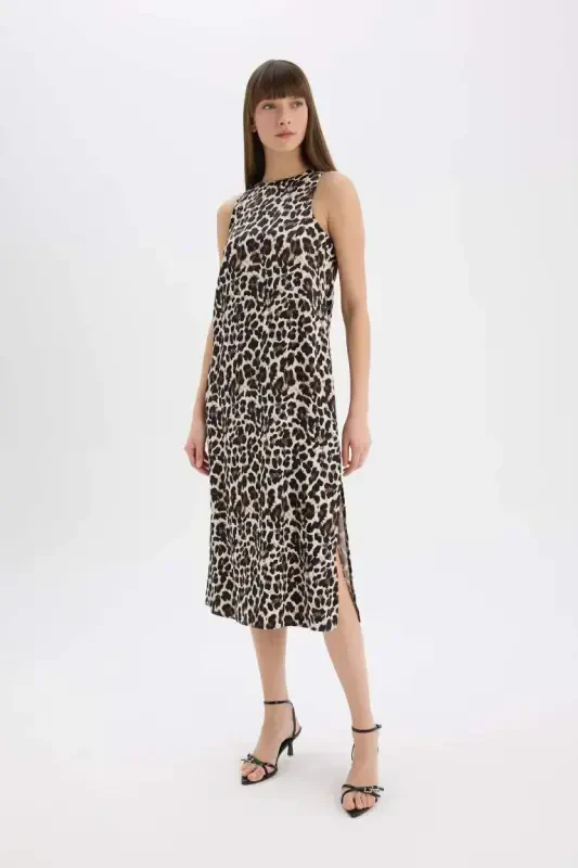 Leopard Print Round Neck Satin Sleeveless Midi Dress-Black - 2