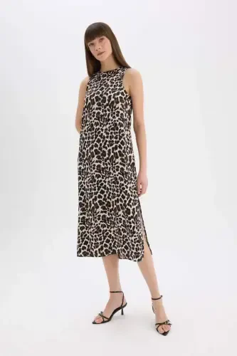 Leopard Print Round Neck Satin Sleeveless Midi Dress-Black - 3
