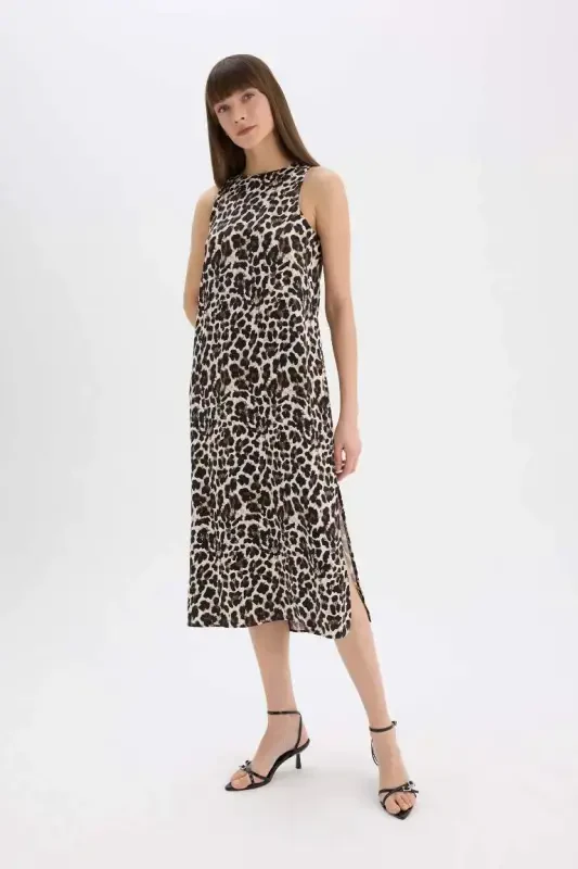 Leopard Print Round Neck Satin Sleeveless Midi Dress-Black - 3