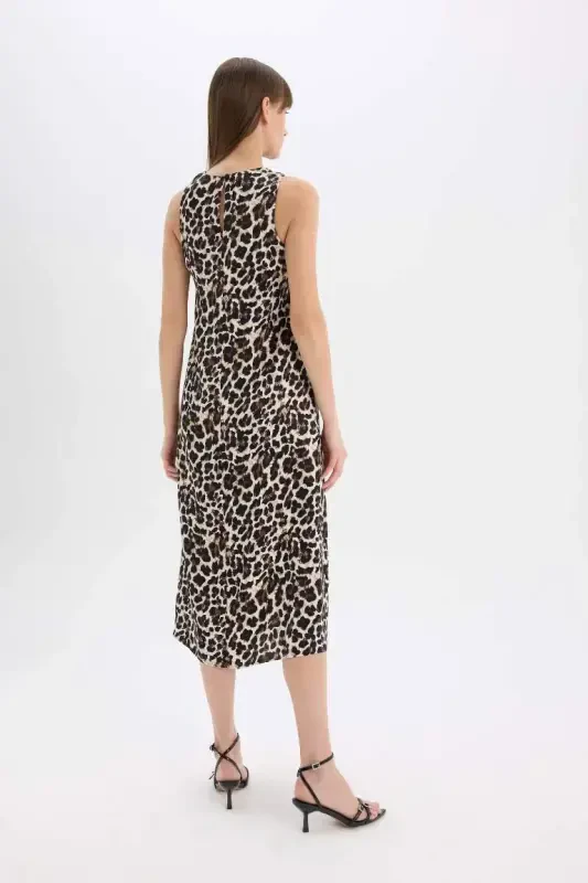 Leopard Print Round Neck Satin Sleeveless Midi Dress-Black - 5