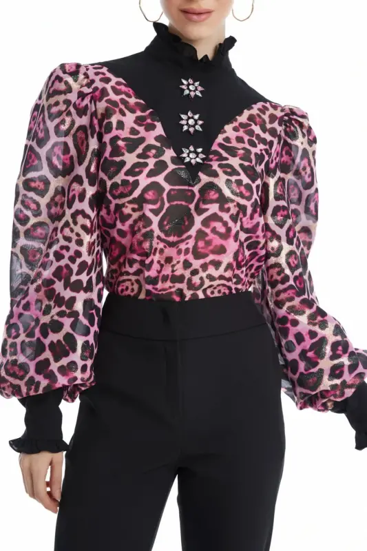 Leopard Print Stone Detailed Balloon Sleeve Sheer Fuchsia Blouse 39041 - 1