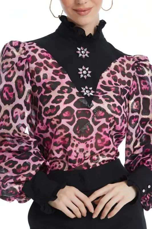 Leopard Print Stone Detailed Balloon Sleeve Sheer Fuchsia Blouse 39041 - 2