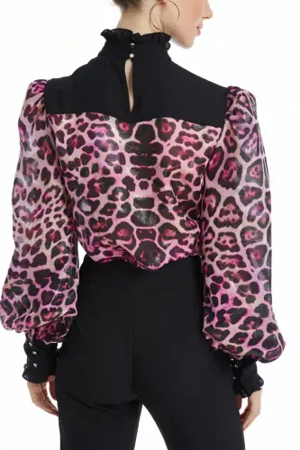 Leopard Print Stone Detailed Balloon Sleeve Sheer Fuchsia Blouse 39041 - 4