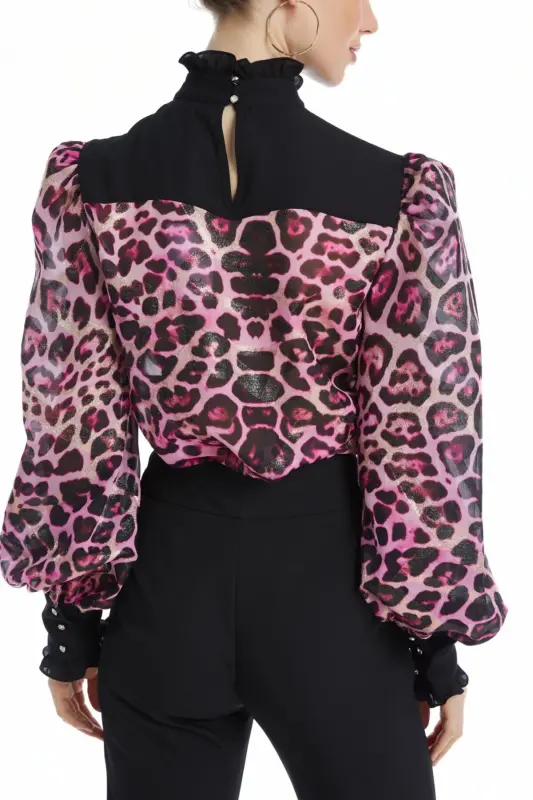 Leopard Print Stone Detailed Balloon Sleeve Sheer Fuchsia Blouse 39041 - 4