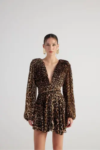 Leopard Print V-Neck Mini Janet Dress Coffee - 13