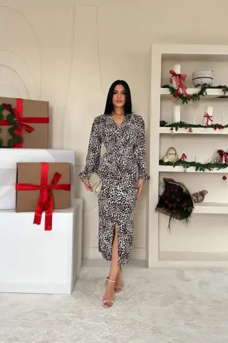 Leopard Slit Front V Neck Dress - 1