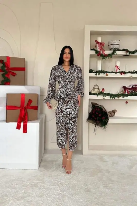 Leopard Slit Front V Neck Dress - 2