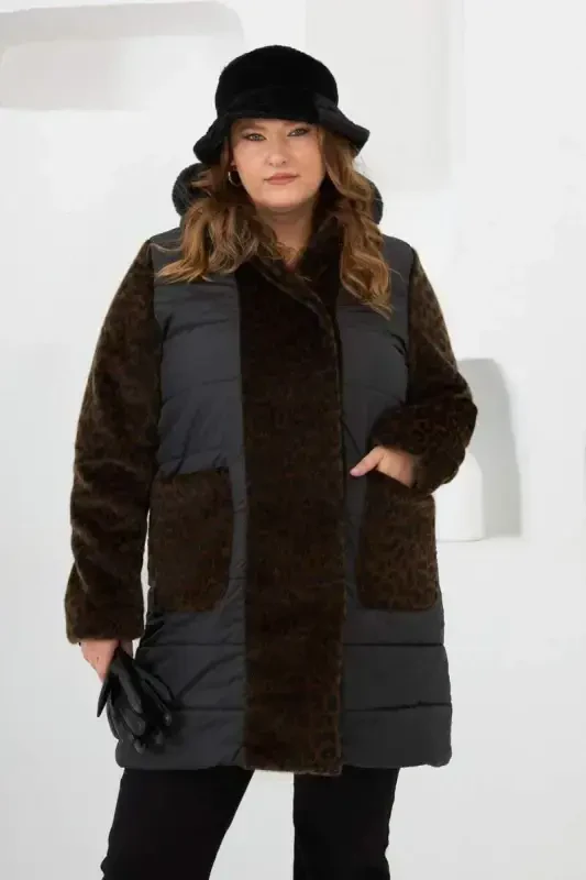 Leopard Trim Plus Size Quilted Coat Black - BÜYÜKBEDENIZ