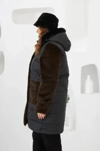 Leopard Trim Plus Size Quilted Coat Black - 3