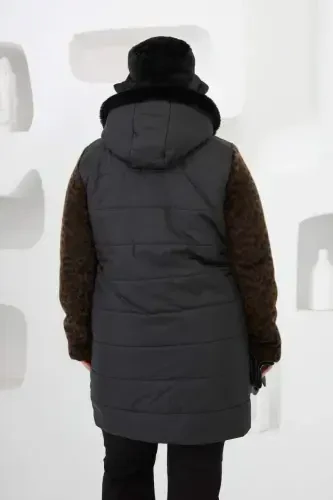 Leopard Trim Plus Size Quilted Coat Black - 5