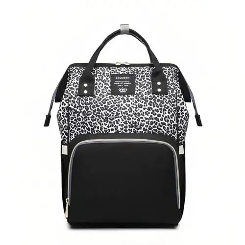 Leopard Print Diaper Bag Backpack Multi-Function Diaper Bag for Baby Care Waterproof Travel Baby Bag for Mom Gray - ARMBQ