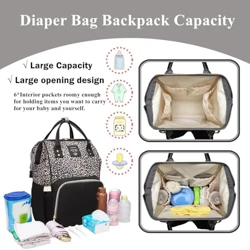 Leopard Print Diaper Bag Backpack Multi-Function Diaper Bag for Baby Care Waterproof Travel Baby Bag for Mom Gray - 3