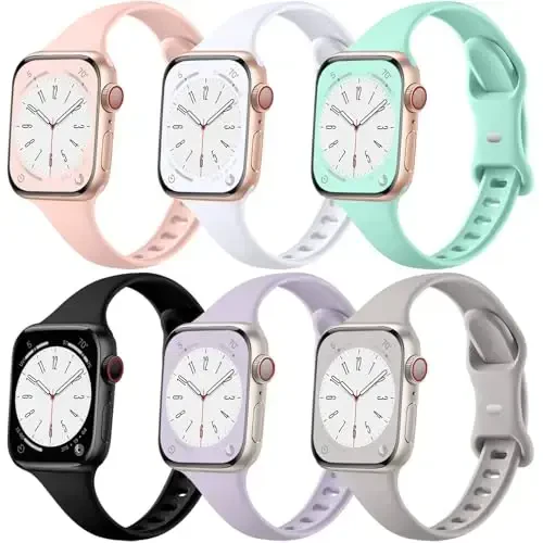 Lerobo 6 Pack Silicone Slim Bands Compatible for Apple Watch Band 38mm 40mm 41mm 44mm 42mm 45mm 49mm, Slim Thin Narrow Replacement Sport Strap Wristband for iWatch Series 8/7/SE/6/5/4/3/2/1 Women Men - 6