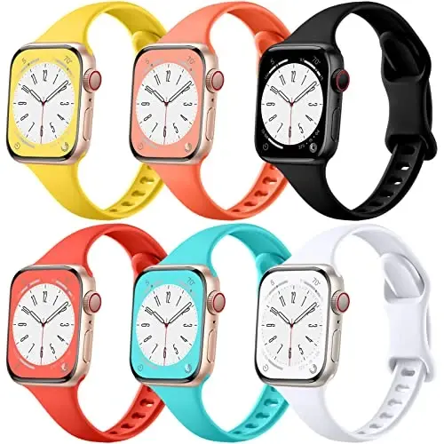 Lerobo 6 pack Silicone Slim bands Compatible for Apple Watch Band 44mm 45mm 42mm 38mm 40mm 41mm, Slim Thin Narrow Replacement Sport Strap Wristband for iWatch Series 8/7/6/5/4/3/2/1 SE Ultra Women Men - Lerobo
